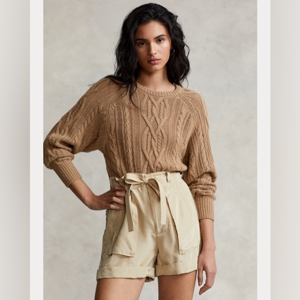 NWT Polo Ralph Lauren Aran-Knit Wool Blend Crewneck Sweater Vintage Khaki